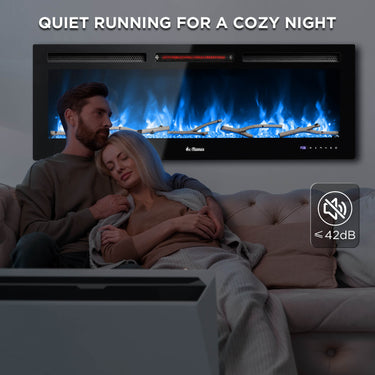 TURBRO In Flames INF50W-3D WiFi smart wall-mounted electric fireplace with tempered glass front and modern design.