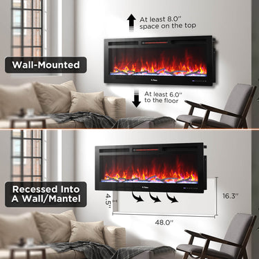 TURBRO In Flames INF50W-3D WiFi smart wall-mounted electric fireplace with tempered glass front and modern design.
