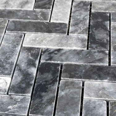 Luna Sky Marble 1"x3" Herringbone on 12" x 12" Mesh Mosaic Tile