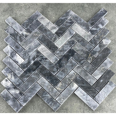 Luna Sky Marble 1"x3" Herringbone on 12" x 12" Mesh Mosaic Tile