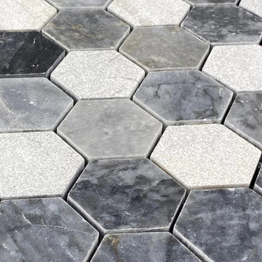 Luna Sky Marble 2" Hexagon Mixed Finish on 12" x 12" Mesh Mosaic Tile