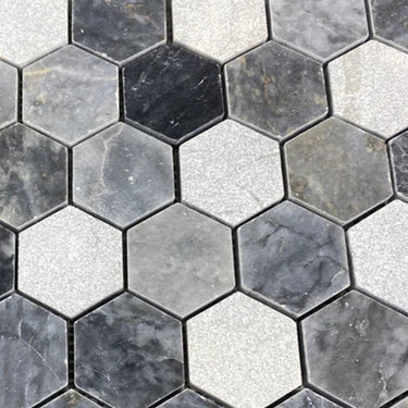 Luna Sky Marble 2" Hexagon Mixed Finish on 12" x 12" Mesh Mosaic Tile