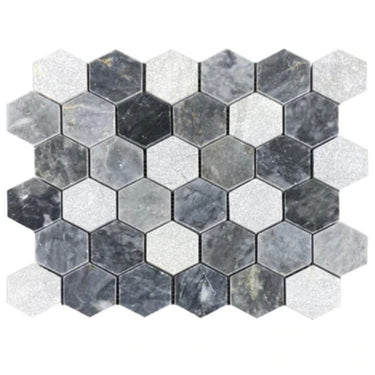 Luna Sky Marble 2" Hexagon Mixed Finish on 12" x 12" Mesh Mosaic Tile