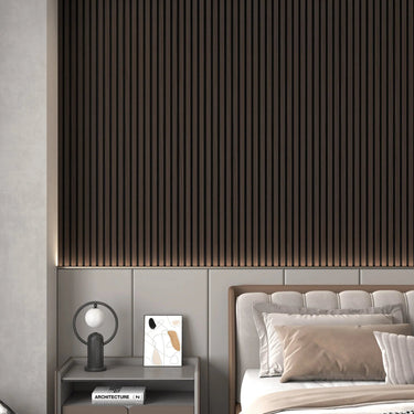 Luxury smoked walnut acoustic solid wood wall panels by HAUSVITA, featuring two panels per box for stylish interior decor.