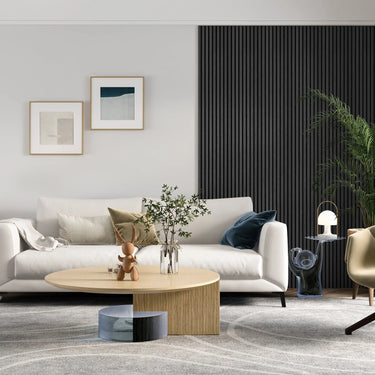 MDF acoustic slat wood wall panels by HAUSVITA, showing modern wooden slat design for interior decoration and sound absorption.