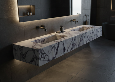 Calacatta Viola Marble Handcrafted Wall-Mount Bathroom Double Basin Vanity Sink (W)22" (L)67" (H)8"