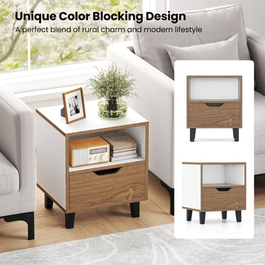 Nightstand Set of 2 with Drawer and Open Storage Shelf for Bedroom-White