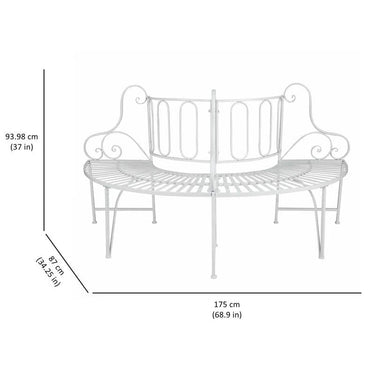 White metal half-circle outdoor patio garden tree bench by HomePacific, designed for outdoor garden seating.