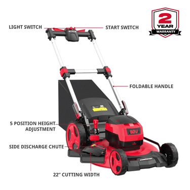 PowerSmart 80V 22-inch cordless self-propelled lawn mower with battery and charger, featuring a brushless motor and adjustable cutting deck.