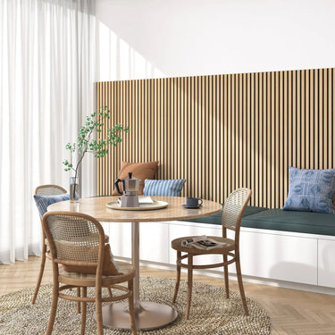 Luxury natural oak acoustic solid wood wall panels by HAUSVITA, showing textured oak slat design for interior decor.