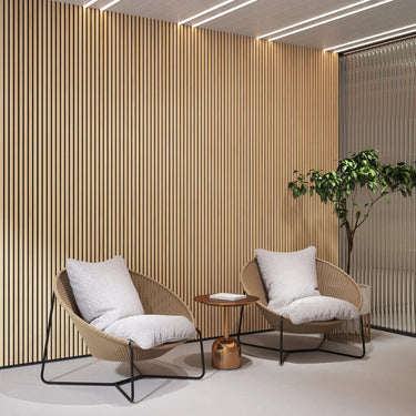 Luxury natural oak acoustic solid wood wall panels by HAUSVITA, featuring two panels per box with textured wood slat design.