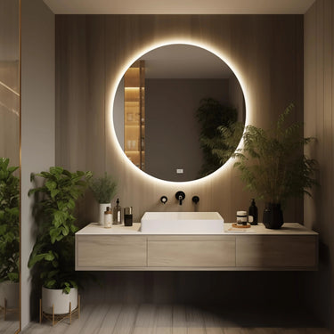 Round backlit LED bathroom vanity mirror with dimmable lights, designed by HAUSVITA, showing a sleek, modern bathroom setting.