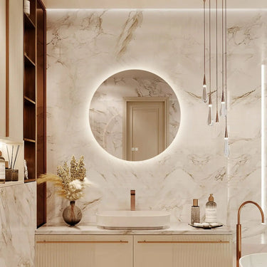 Round LED bathroom vanity mirror with dimmable lights, sleek backlit design, by HAUSVITA, ideal for modern bathrooms.