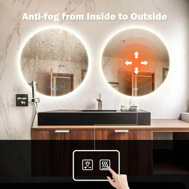 Round backlit LED bathroom vanity mirror with dimmable lights, sleek design, and modern aesthetic by HAUSVITA.