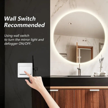 Round LED bathroom vanity mirror with dimmable lights, featuring backlit design and sleek modern style from HAUSVITA.