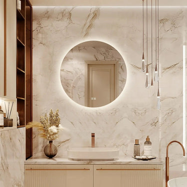 Round LED bathroom vanity mirror with dimmable lights by HAUSVITA, featuring a backlit design and modern aesthetic.