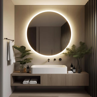 Round LED bathroom vanity mirror by HAUSVITA with dimmable lights, sleek modern design, and illuminated mirror surface.