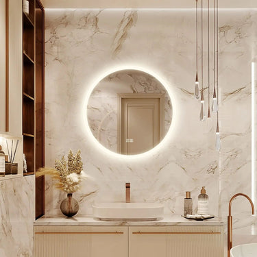 Round LED bathroom vanity mirror with dimmable lights from HAUSVITA, showing the illuminated mirror mounted on a wall.