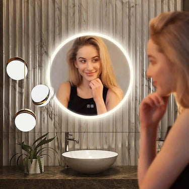 Round LED bathroom vanity mirror with dimmable lights by HAUSVITA, featuring a sleek design and adjustable illumination.