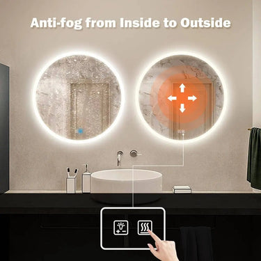 Round LED bathroom vanity mirror with dimmable lights from HAUSVITA, featuring modern design and adjustable lighting for stylish bathroom use.