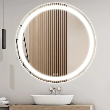 Round LED bathroom vanity mirror with dimmable lights, backlit design, and sleek modern style by HAUSVITA.