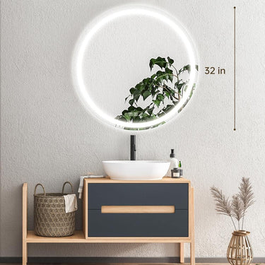 Round LED bathroom vanity mirror with backlit, dimmable lights, by HAUSVITA, featuring a sleek, modern design and illuminated mirror surface.
