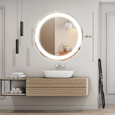 Round LED bathroom vanity mirror with backlit and dimmable lights, ideal for modern bathroom decor by HAUSVITA