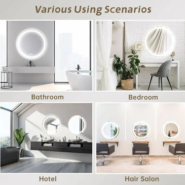 Round LED bathroom vanity mirror with dimmable lights, backlit design, and sleek modern look by HAUSVITA.