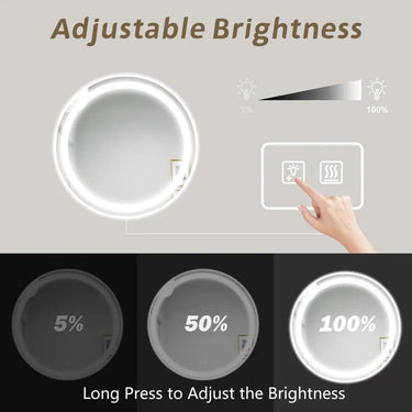 Round LED bathroom vanity mirror with dimmable backlit lights, modern design, suitable for contemporary bathroom decor.
