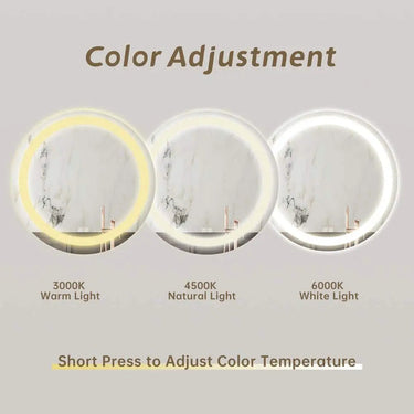 Round LED bathroom vanity mirror by HAUSVITA with backlit and dimmable lights, featuring a sleek modern design.