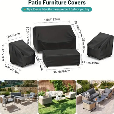 Set of four waterproof outdoor furniture covers by LUXHOME protecting rattan patio furniture from wind and weather.