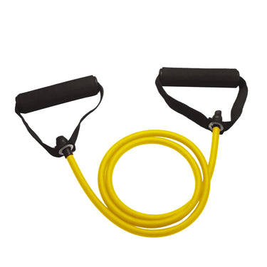 Resistance bands with handles for total body strength exercise by 24 Hour Sport, showing the set of colorful elastic resistance bands.