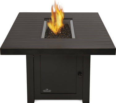 Patio Elegance St. Tropez Rectangle Fire Table with flame visible, metal lid removed, outdoor fire pit for patio heating and ambiance