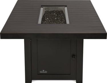 Patio Elegance St. Tropez Rectangle Fire Table with lid removed, showing built-in fire pit and sleek design for outdoor patio use