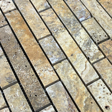 Scabos Travertine Strip Liner on 12" x 12" Mesh Mosaic Tile