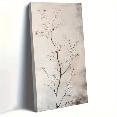 Framed minimalist white floral wall art by Hendrix Arts, large canvas print with wooden frame and textured background.