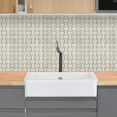 Shell Stone Limestone Basketweave Design on 12" x 12" Mesh Mosaic Tile