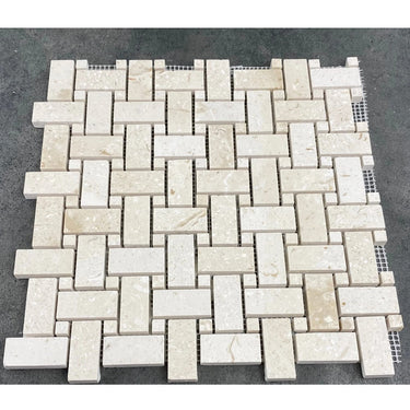 Shell Stone Limestone Basketweave Design on 12" x 12" Mesh Mosaic Tile