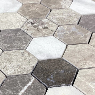 Silver Shadow-Carrara White Mix Marble 2" Hexagon on 12" x 12" Mesh Mosaic Tile