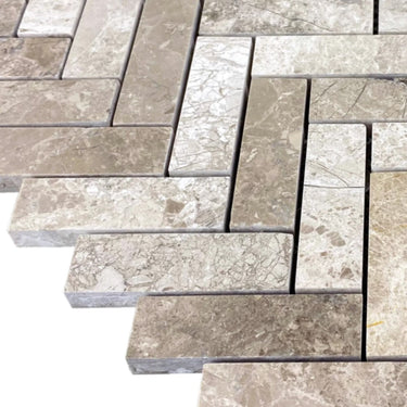 Silver Shadow Marble 1"x3" Herringbone on 12" x 12" Mesh Mosaic Tile