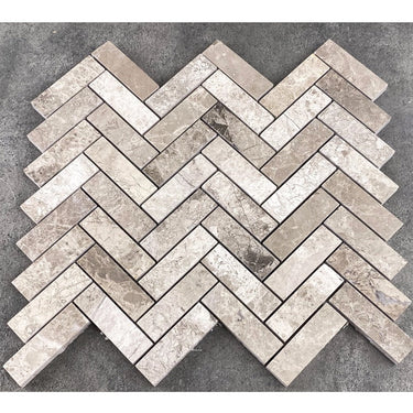 Silver Shadow Marble 1"x3" Herringbone on 12" x 12" Mesh Mosaic Tile