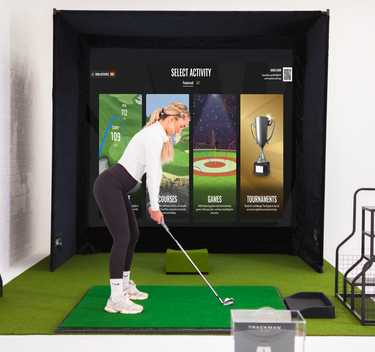 GolfbaysUSA SimBox Golf Simulator Enclosure with impact screen, frame, and free side barriers in various sizes.