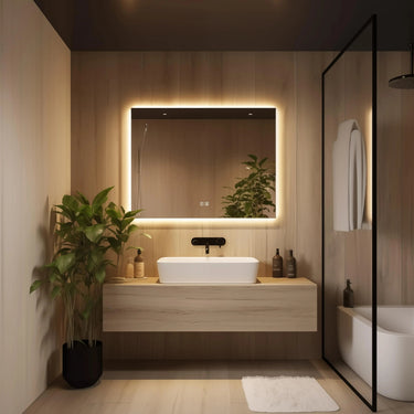 HAUSVITA sleek backlit LED bathroom mirror with modern design and illuminated edge, ideal for contemporary bathroom decor.