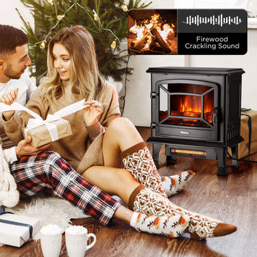 TURBRO Suburbs TS20-SD electric fireplace stove heater with sound, showing a modern black stove with simulated flames and control panel.