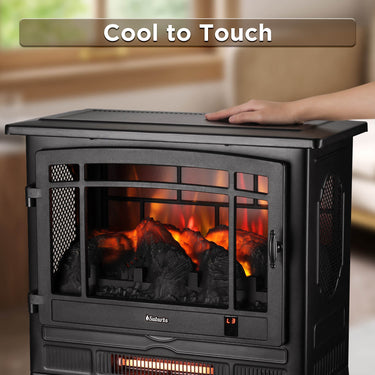 TURBRO Suburbs TS25 smart electric fireplace stove heater in black with WiFi connectivity and realistic flame display.