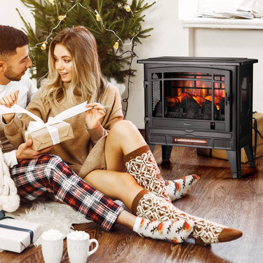TURBRO Suburbs TS25 smart electric fireplace stove heater in black with WiFi control, compact design, and realistic flame display.