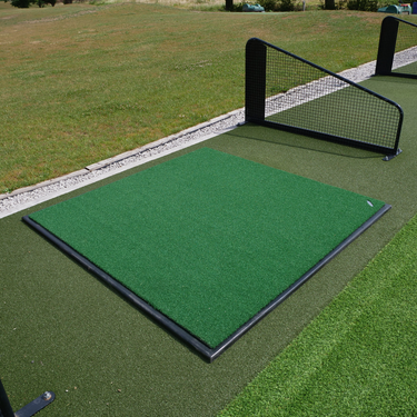 GolfbaysUSA standard golf hitting mat measuring 4'11 x 4'11, with synthetic turf surface for practice and training.