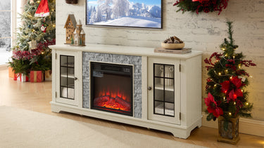 Modern 58-inch TV stand with built-in electric fireplace and storage compartments by HouseOfZazla, black wood finish.