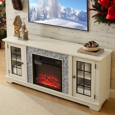 Modern 58-inch TV stand with electric fireplace and storage compartments by HouseOfZazla, featuring sleek design and functional shelving.