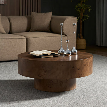 Round coffee table with 31.49-inch burl wood veneer top from HouseOfZazla, showcasing natural wood grain and smooth finish.